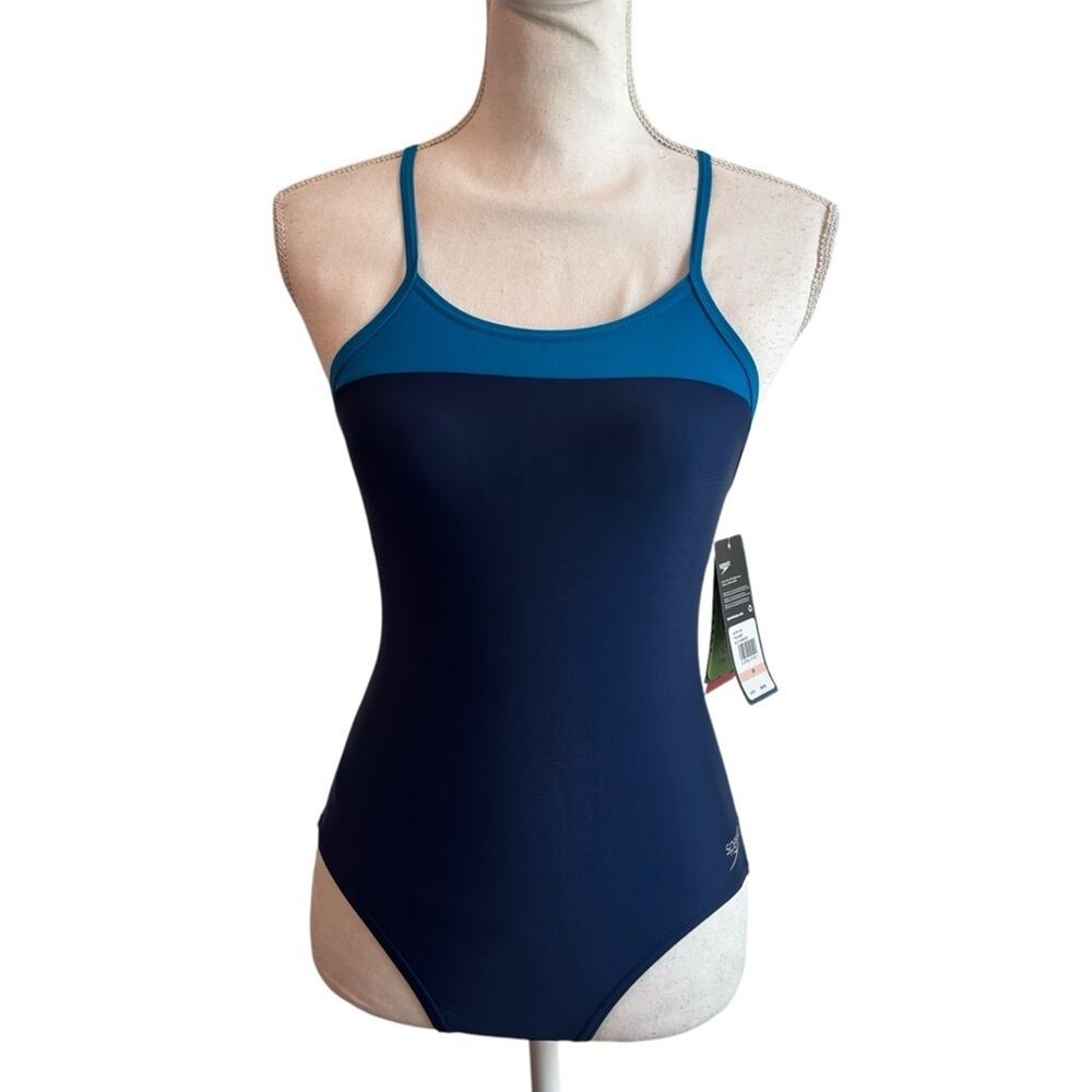 SPEEDO BLUE HARMONY ONE PIECE COLORBLOCK SWIMSUIT SIZE 28 BRAND NEW WITH TAGS